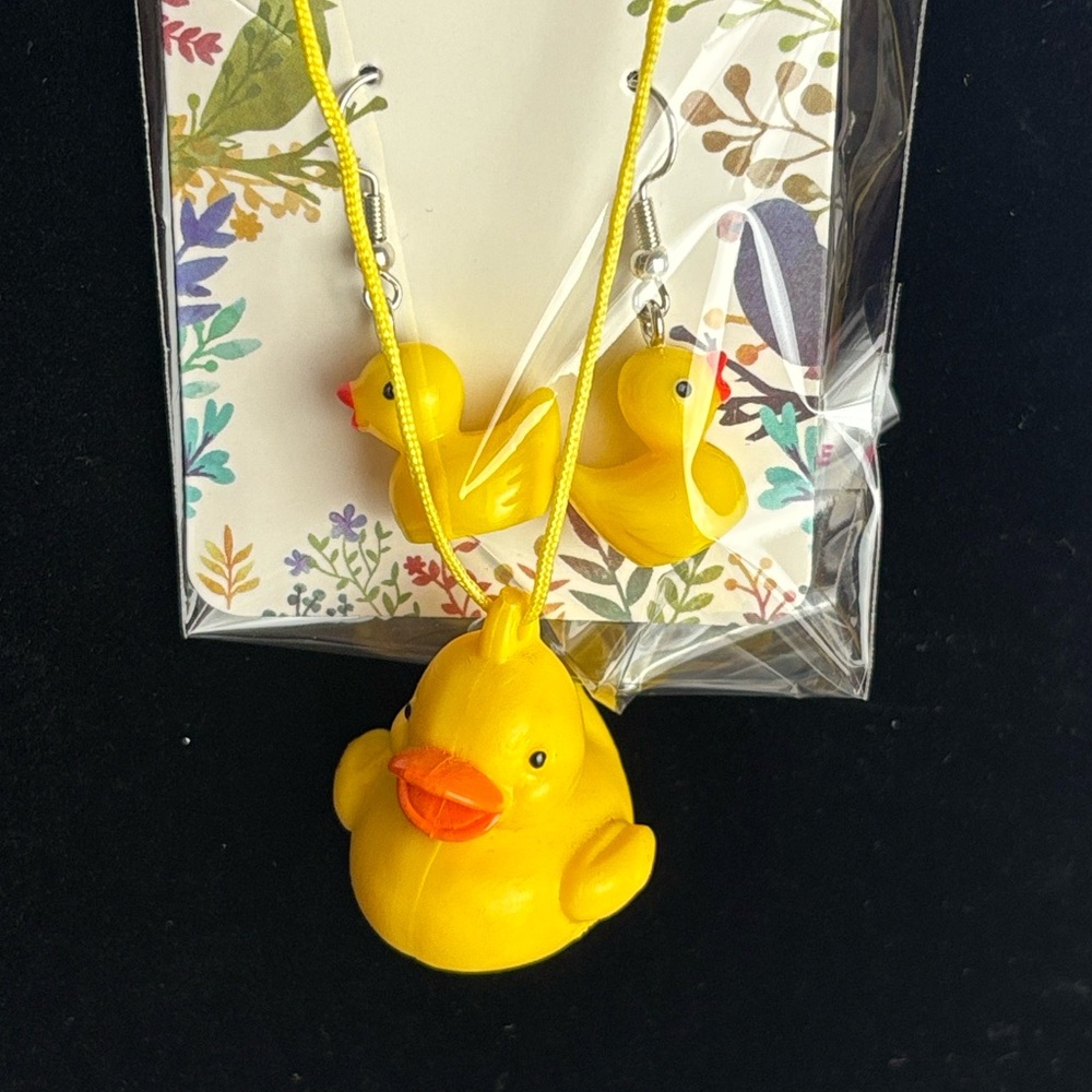 Rubber Ducky plastic dangle earrings and rubber necklace never worn